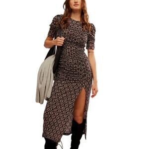 Free People Women's Briella Midi Dress Puffed Sleeve Black Combo Size XS NWT
